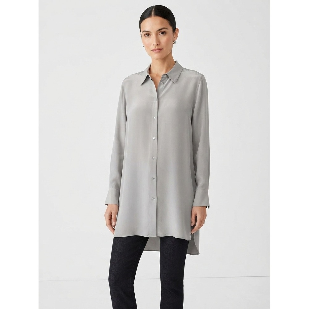 Eileen Fisher Silk Georgette Crepe Long Tunic Shirt Blouse Grey Extra Large